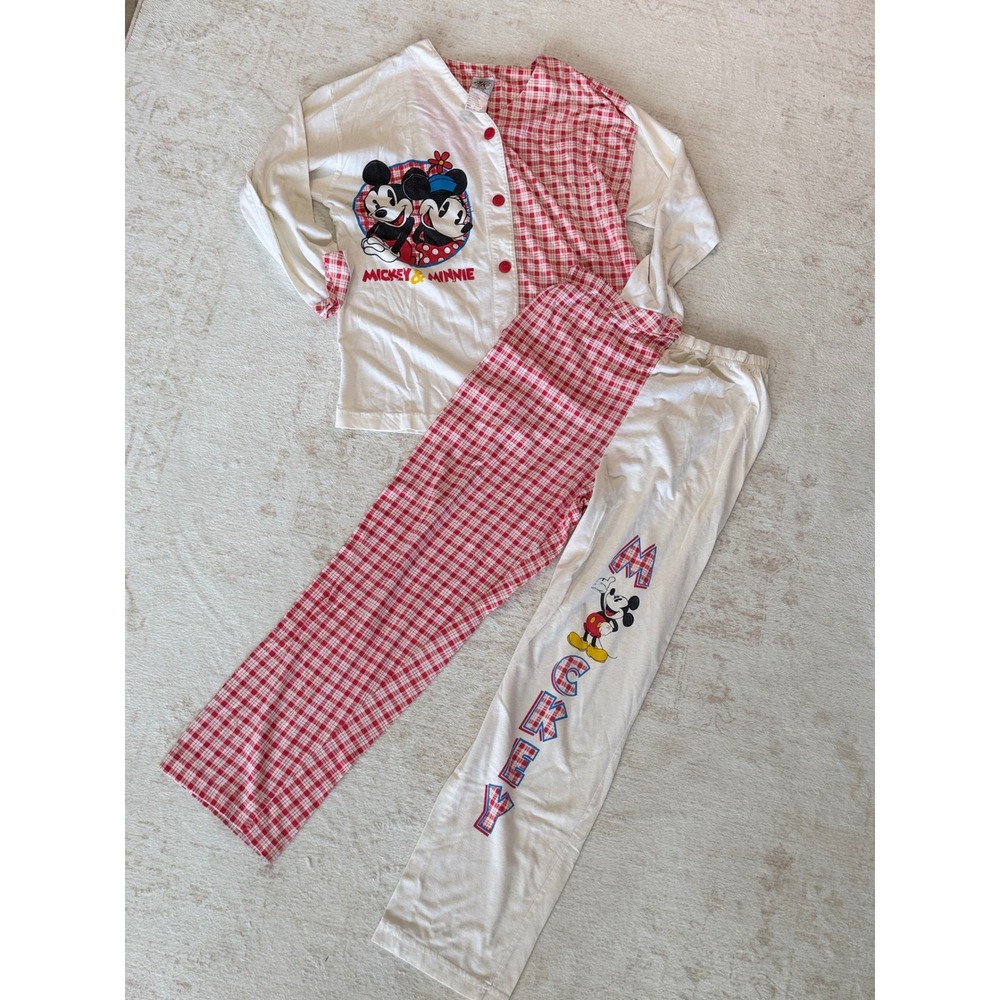 Vintage Mickey & Co Disney Pajama Set Red Gingham Check Mickey Minnie Small